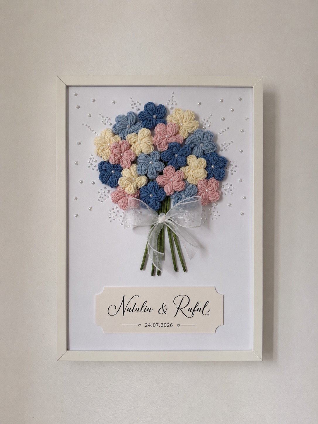 Personalizowany obraz ślubny z szydełkowym bukietem 💐