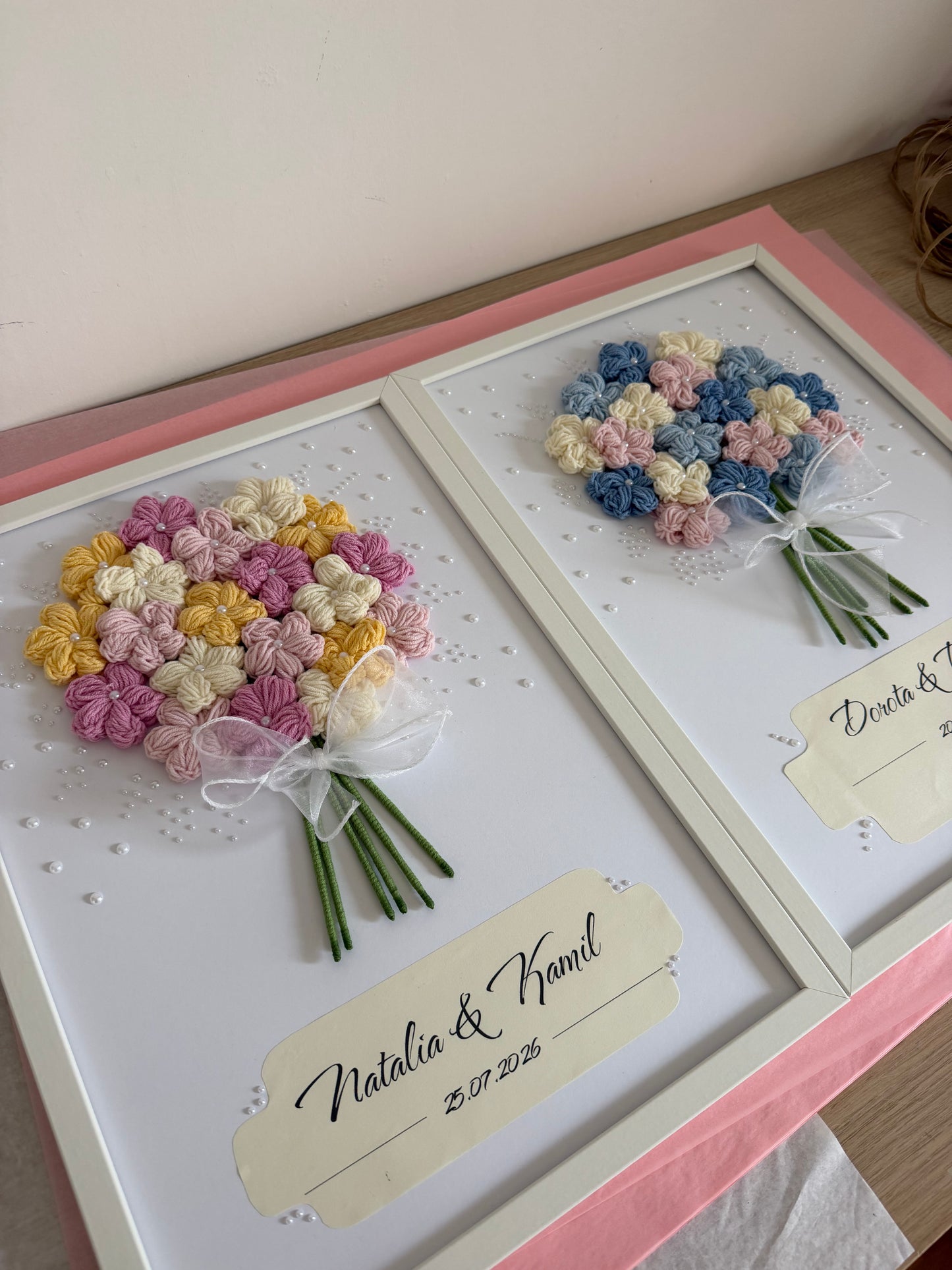Personalizowany obraz ślubny z szydełkowym bukietem 💐